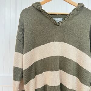 Marled Reunited Clothing Women's Green & Tan Striped Hooded V-Neck Sweater L